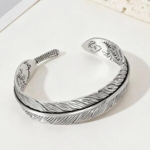 Sterling Silver Bohemian Style Feather Cuff Bracelet Stamped 925